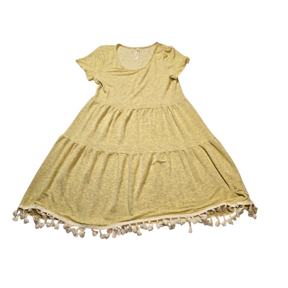 Andree by Unit Women's Heathered Yellow Tassel Hem Short Sleeve Mini Dress M